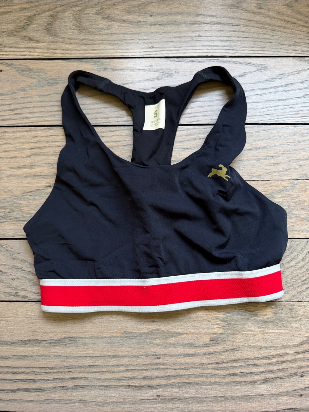 Tracksmith Black Racerback Sports Bra with Red & White Band
